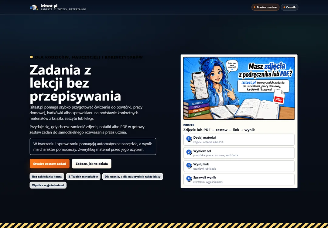 Publiczna strona IziTest z formularzem tworzenia zadań z własnych materiałów