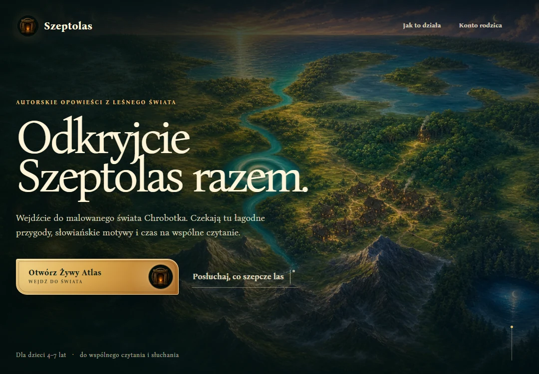 Publiczna strona Szeptolasu: malowana mapa świata, zaproszenie do wspólnego odkrywania i wejście do Żywego Atlasu.