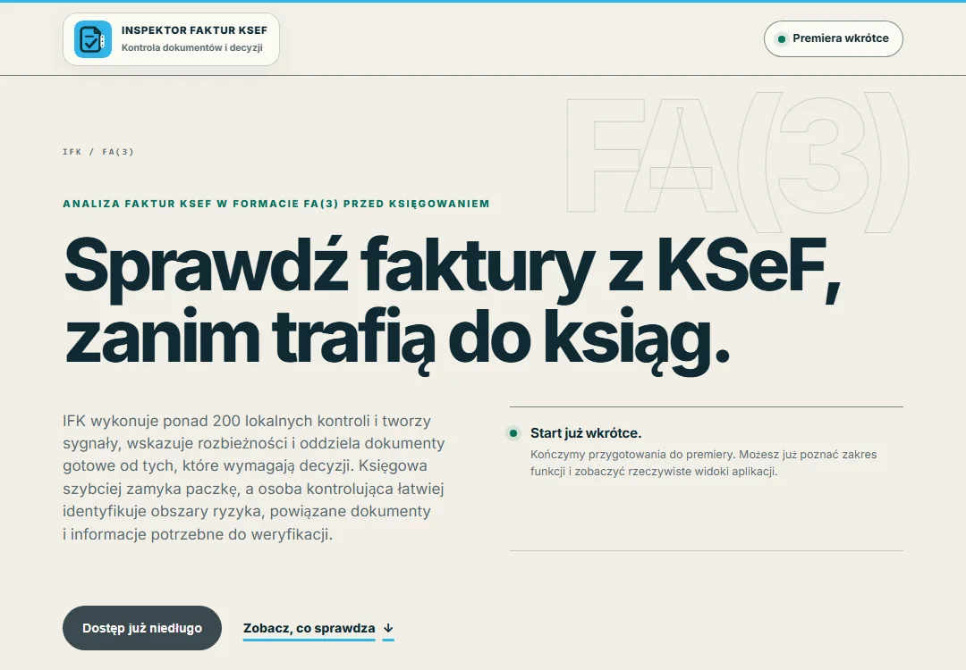 Publiczna strona przedpremierowa Inspektora Faktur KSeF z zapowiedzią premiery