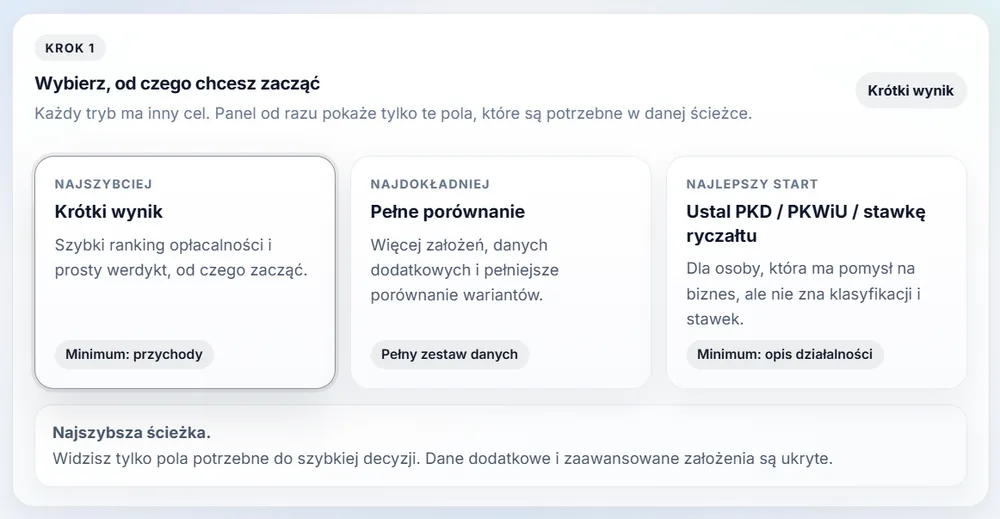 Ekran YTA Podatki z wariantami wyniku analizy podatkowej